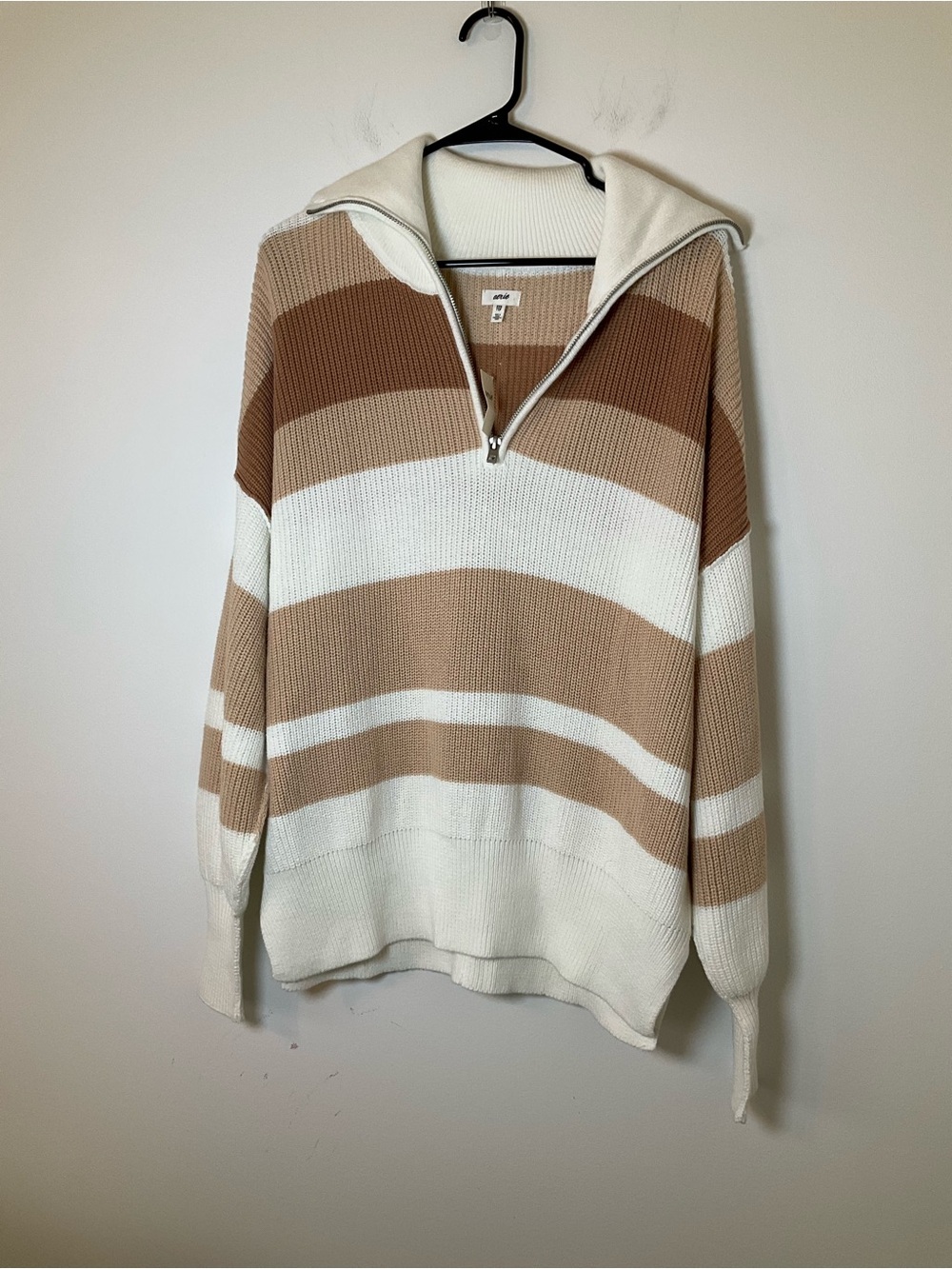 Aerie NWT Striped Half Zip Cotton Sweater XXS Oversized Neutral Pullover